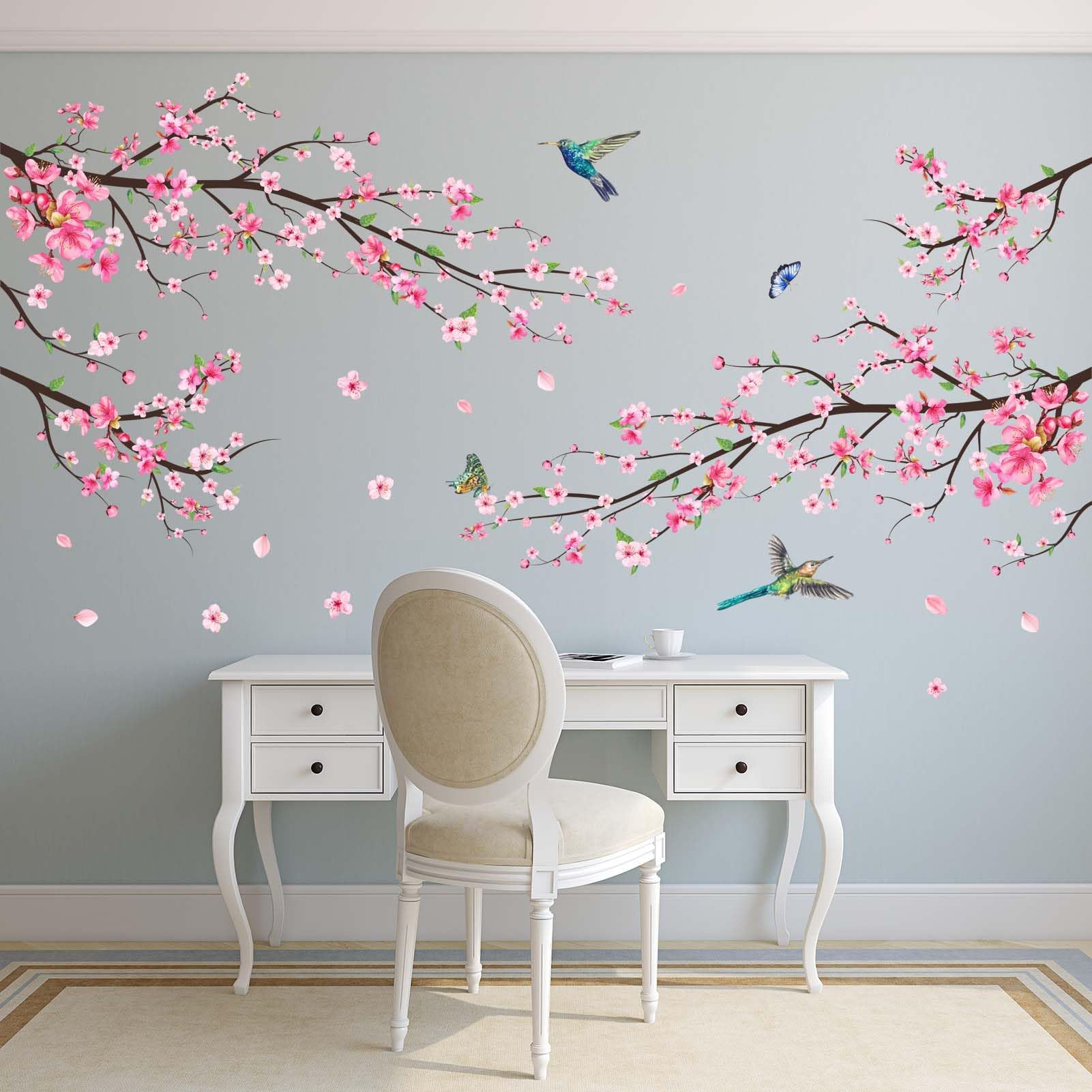 Amimagen Pink Watercolor Cherry Blossom Wall Stickers - Tree Branch Flower Birds Wall Decals - Bedroom Living Room Sofa TV Background Home Wall Decor