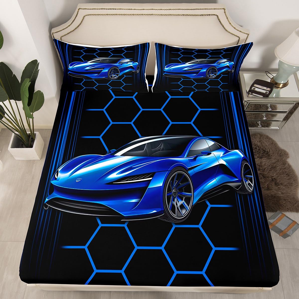 Honeycomb Geometry Full Size Fitted Sheet,Extreme Sports Theme 3 Pieces Kids Teenager Room Decor Blue Race Car Pocket 2 Pillowcases