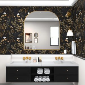 XRUIBZI Black Floral Wallpaper Peel and Stick Wallpaper Leaf Wallpapers Gold Leaf Contact Paper for Cabinets Waterproof Self Adhesive Wall Paper for Kitchen Countertop Wall 17.5" x 393"