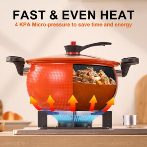 FNT 8 Qt Orange Stock Pot with See-through Lid Standing, Crock Pot with Twist & Lock Handles, Micro Pressure Cooker 8 qt, Healthy Coating Cooking Pot for Gas, Induction, Electric Stoves