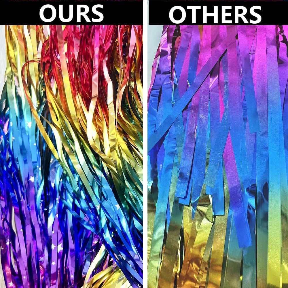 Sparkling Neon Rainbow Foil Fringe Curtain Backdrop Metallic Streamers Photo Booth Props for Birthday Bachelorette Gay Pride Day Graduation Wedding 80s 90s Disco Party Decorations- 2 Packs (3.3x6.6Ft)