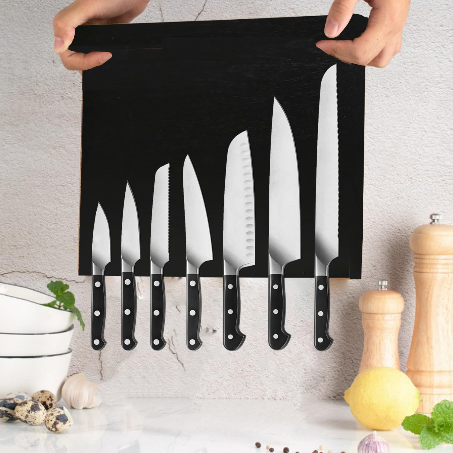 Uniharpa Black Double Sided Magnetic Knife Block made of Acacia wood with powerful magnet 16X12 inches For kitchen storage