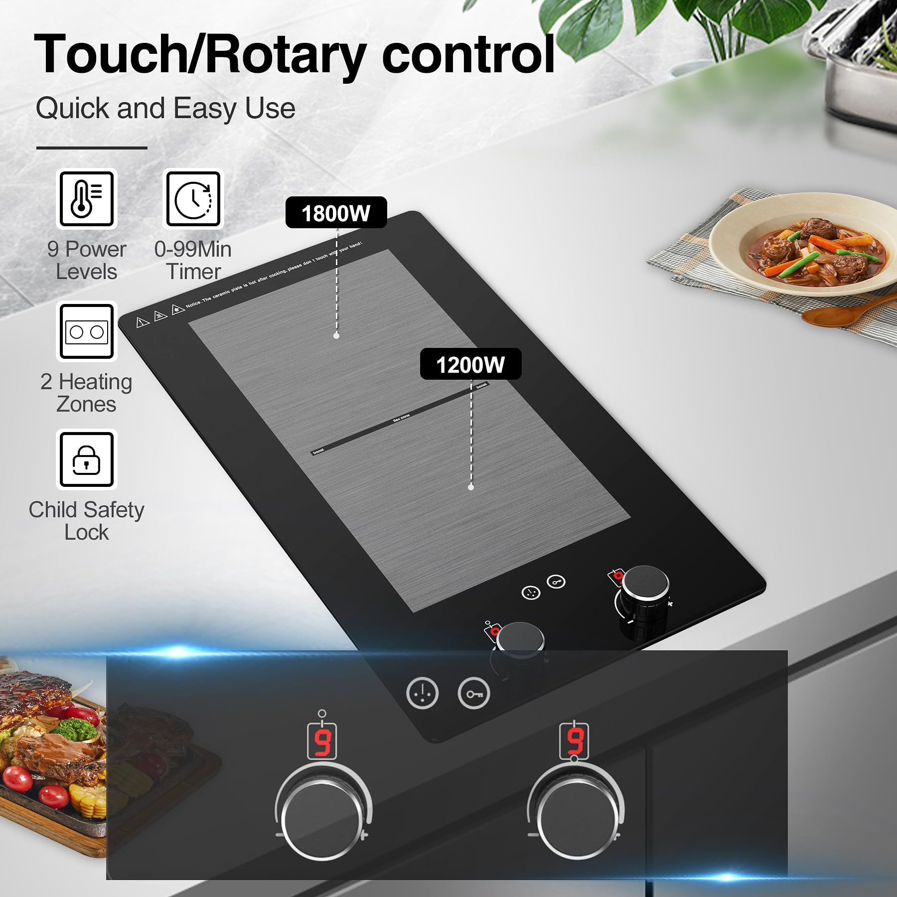 VBGK Double Induction Cooktop, Induction Hot Plate 12 inch 3000W, Induction stove top with Rotary &Touch Control,110V 2 Burner Induction Cooktop with 9 Levels Settings, Child Safety Lock & Timer