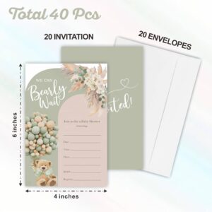 We Can Bearly Wait Baby Shower Invitation, 20 Boho Floral & Bear Balloon Double-Sided Fill-In Invites With Envelopes, For Boys And Girls Baby Announcement, Gender Reveal Party Favor & Supplies - B01