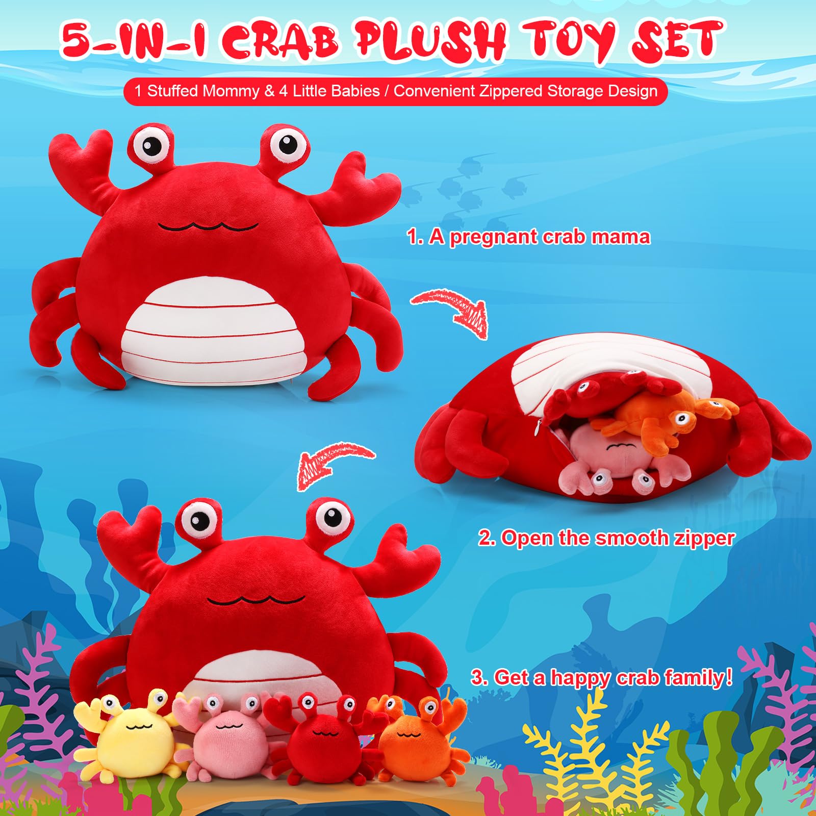 DoubleFill 5 Pcs Crab Plush Toys Set 14 Inch Large Crab Stuffed Animal Plush Pillow with 4 Baby Crab Plushies Birthday Gifts for Girls Boys Under The Sea Ocean Party Favor Decorations