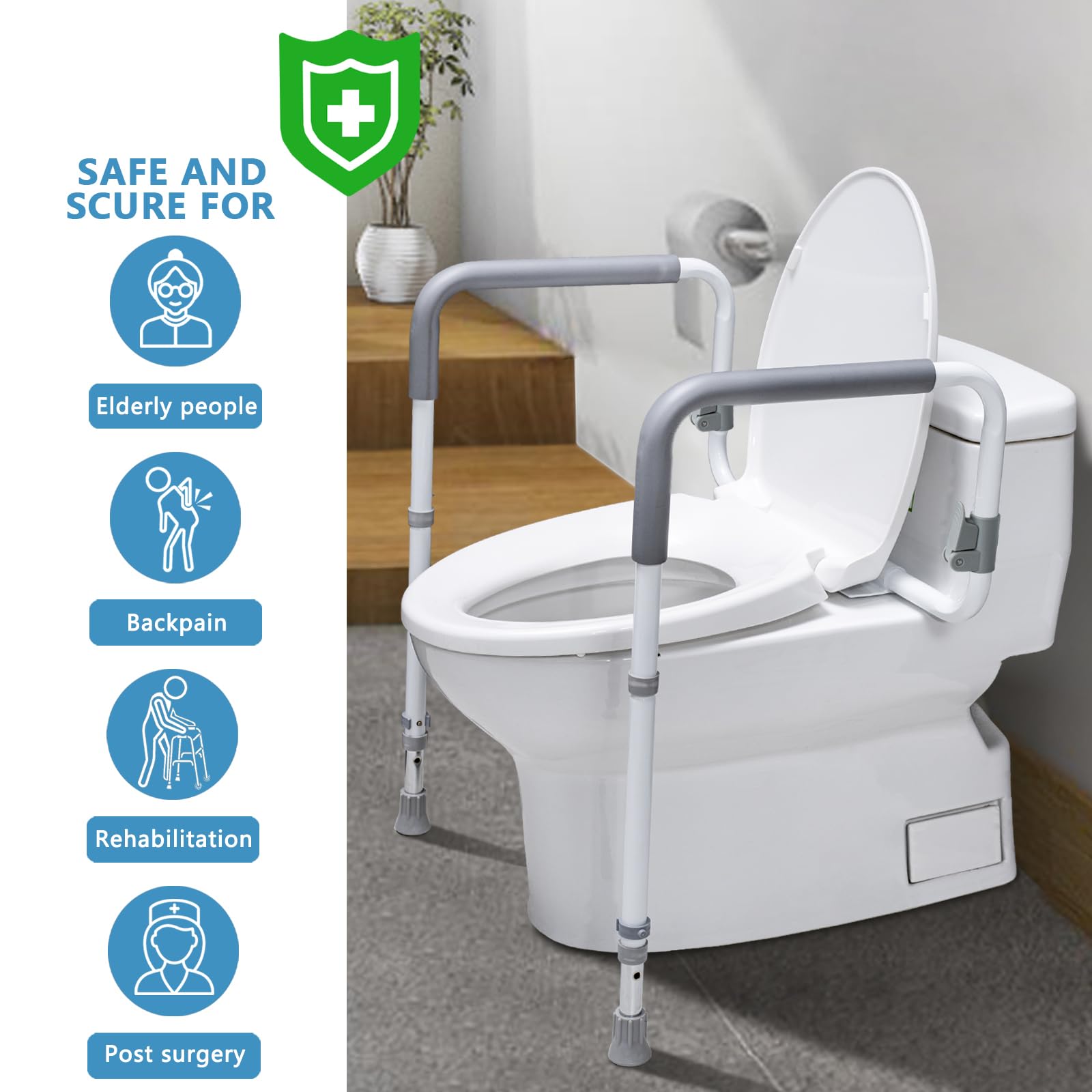 WeHwupe Toilet Safety Rails for Elderly Adults - Adjustable Bathroom Toilet Safety Frame with Handles - Stand Alone Toilet Grab Bar for Senior, Handicap & Disabled,Fits Most Toilets