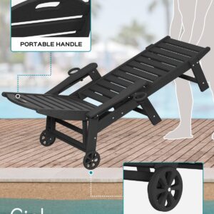 Chaise Lounge Chair Outdoor with Wheels, Double Cup Holders Adjustable 5-Position Chaise Lounge Outdoor with Wood Texture, Patio Lounge Chair for Poolside Backyard, Black