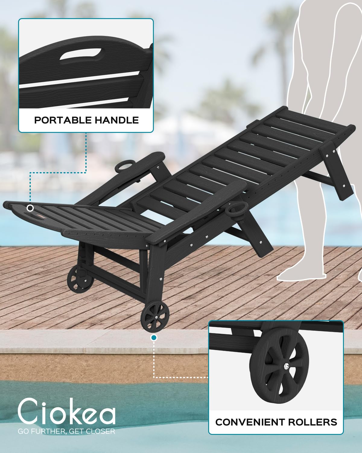 Chaise Lounge Chair Outdoor with Wheels, Double Cup Holders Adjustable 5-Position Chaise Lounge Outdoor with Wood Texture, Patio Lounge Chair for Poolside Backyard, Black