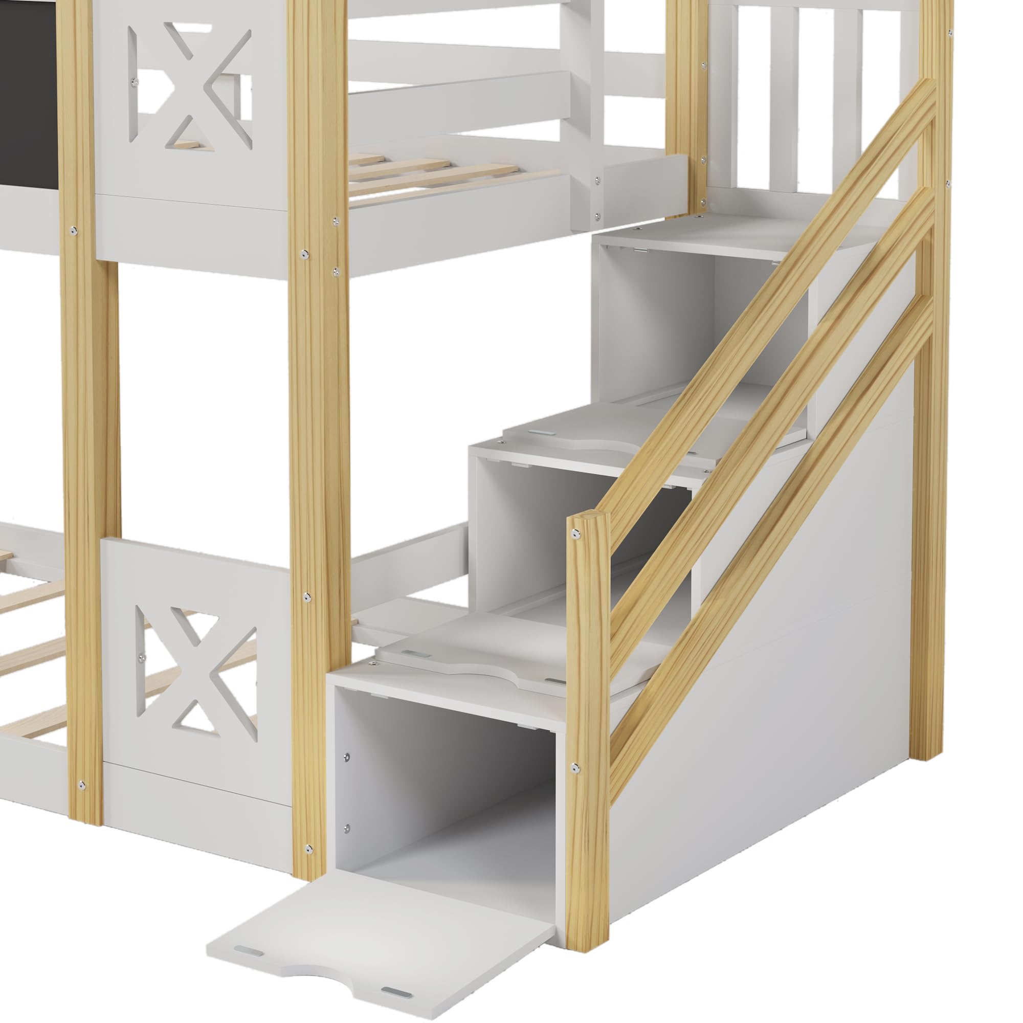 Harper & Bright Designs Twin Over Twin Floor Bunk Bed with Stairs, Wood House Bunk Bed Frame with Storage Staircase and Blackboards, for Kids Girls Boys, White and Natural