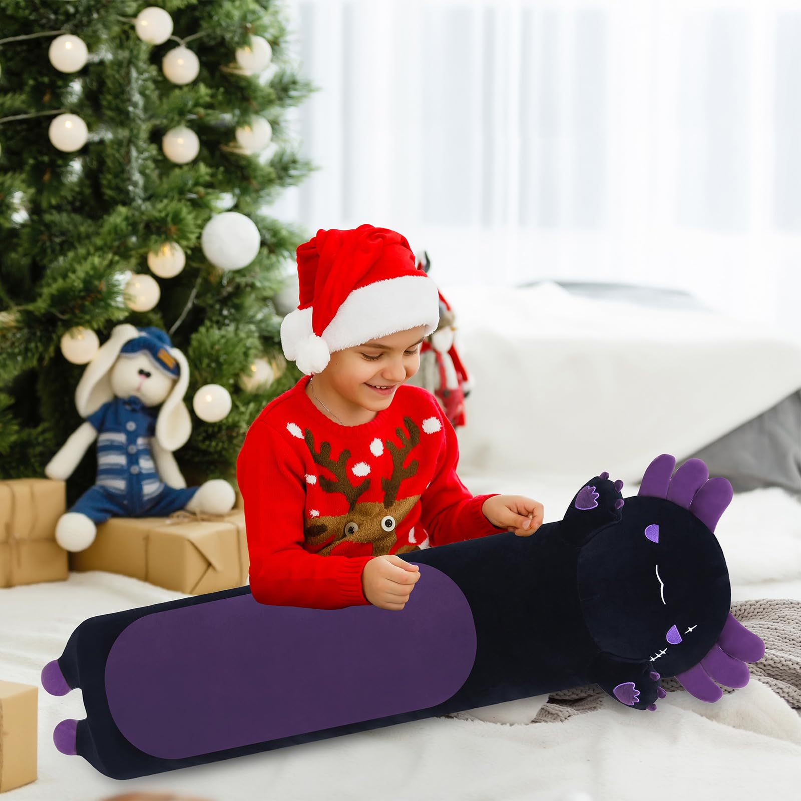 Yeqivo Long Axolotl Stuffed Animals, Soft Long Axolotl Plush Pillow Cute Axolotl Plush Body Pillow Gifts for Kids Girlfriend(Black&Purple,110cm)