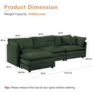 mikibama Modular Sectional Sofa, 111.5 Inch L Shaped Couch Set for Living Room, 3-Seater Comfy Cloud Couches with Movable Ottoman, DIY Combination, Chenille, Evergreen