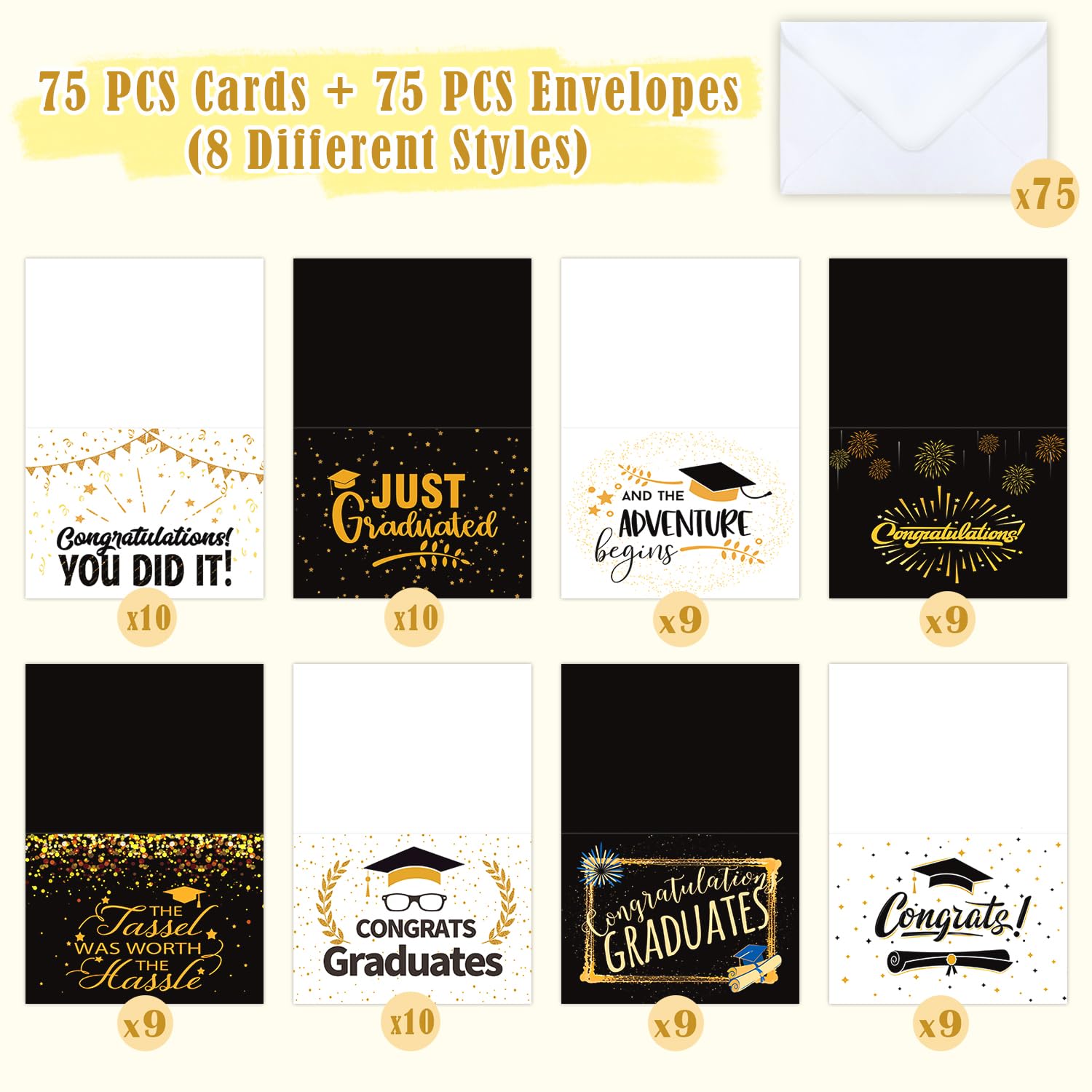 PARTYWIND 75 Pack Bulk Graduation Cards with Envelopes for Class of 2024 Decorations, Graduation Greeting Cards for Congratulations Party Supplies Favors, College/High School/Middle School Cards