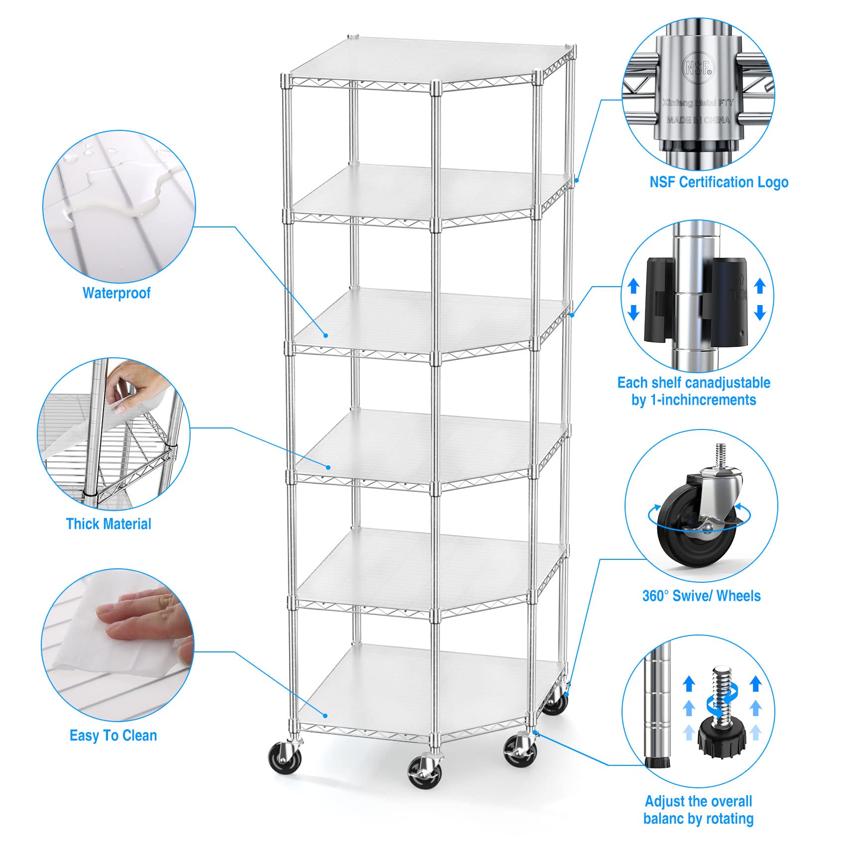 Kitchen Shelves Corner Garage Storage, 6 Tier Metal 2100LBS Shelf NSF Metal Shelf Wire Corner Unit, Adjustable Heavy Duty Storage Rack Utility Steel Storage Rack for Kitchen Basement Shelving (Chrome)