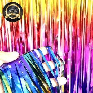 Sparkling Neon Rainbow Foil Fringe Curtain Backdrop Metallic Streamers Photo Booth Props for Birthday Bachelorette Gay Pride Day Graduation Wedding 80s 90s Disco Party Decorations- 2 Packs (3.3x6.6Ft)