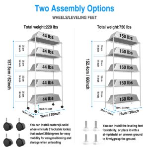 5 Tier NSF Metal Shelf Wire Shelving Unit, 60" H x 30" L x 14" D - 750lbs Capacity Heavy Duty Adjustable Storage Rack with Wheels & Shelf Liners for Closet Kitchen Garage Basement and More - White