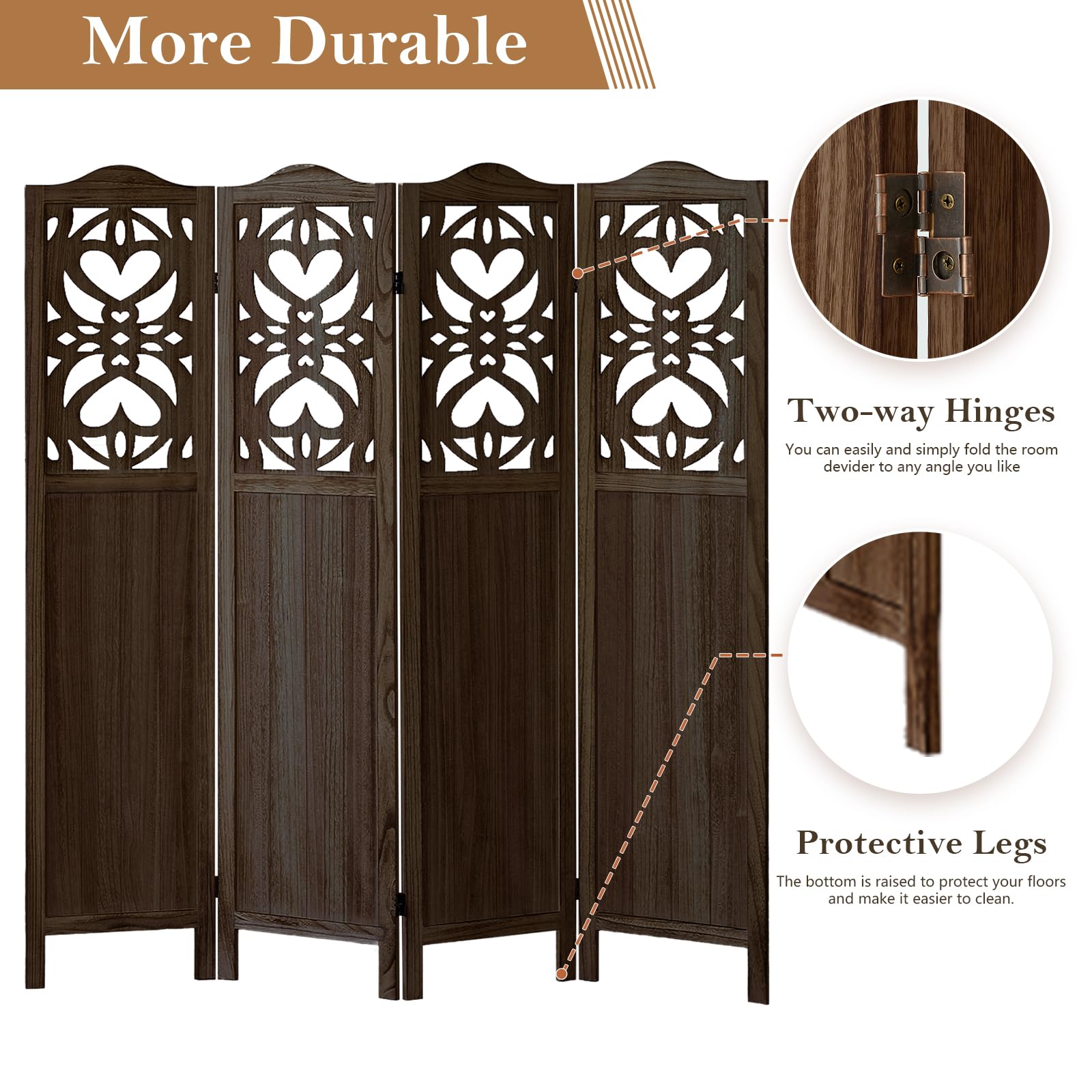 Leesinwing Room Divider, 4 Panel Room Divider, Tung Wood Room Divider Wall, Carved Vault Room Dividers, Rustic Minimalism Room Partition, 5.6Ft Room Dividers and Folding Privacy Screens, Dark Brown