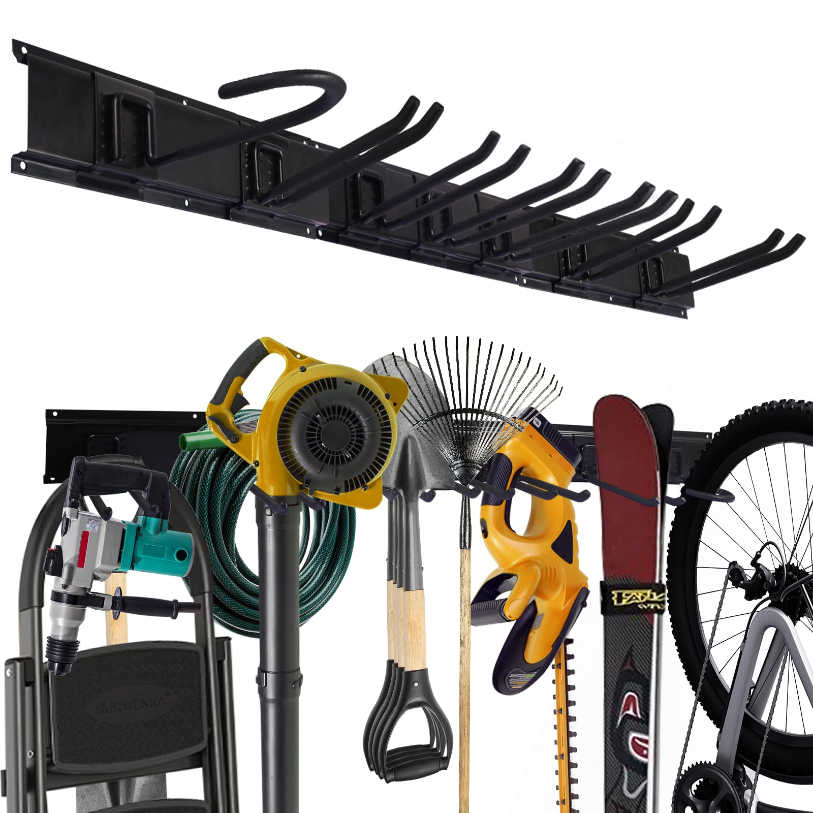 QualsValor Garage Organization, 48 Inch Garden Tool Organizer Max Load 525 lb, Garage Tool Organizer Wall Mount with 7 Organization Hooks and Bike Hooks, Updated 16 Inch Studs Spacing