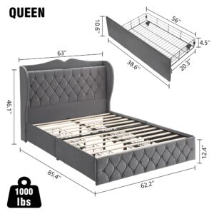 GAOMON Queen Size Bed Frame with 4 Storage Drawers and Charging Station, Velvet Upholstered Platform Bed with Tall Headboard and Storage Shelf, Wooden Slats Support, No Box Spring Needed, Light Grey