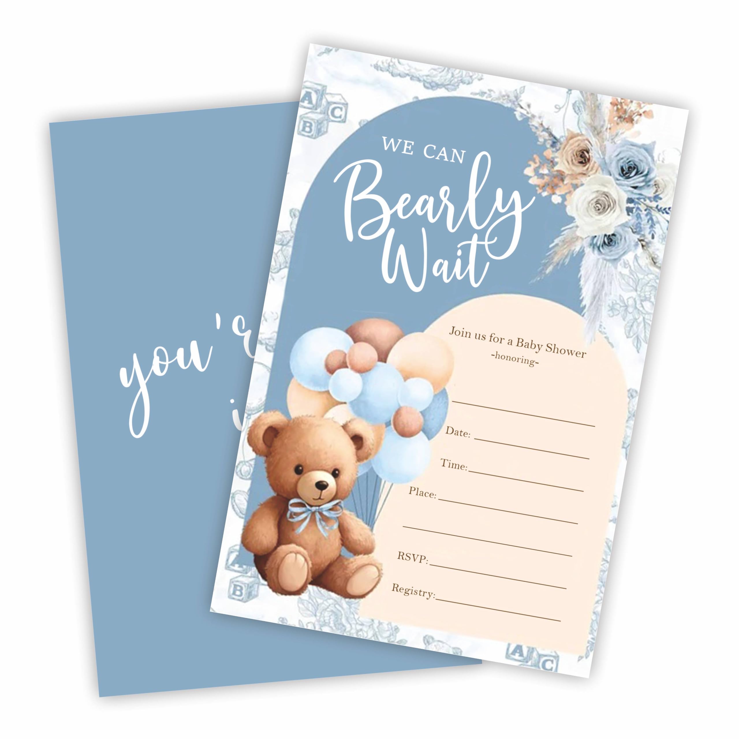 We Can Bearly Wait Baby Shower Invitation, 20 Blue Boho Floral & Bear Balloon Fill-In Invites With Envelopes, For Boys And Girls Baby Announcement, Gender Reveal Party Supplies & Decorations - B03