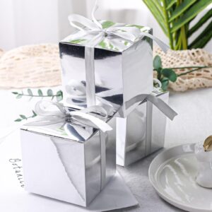 VGOODALL 50PCS Party Favor Boxes, Small Gift Boxes Mini Gift Boxes with Ribbons 3 x 3 x 3 inches Tiny Cardboard Boxes Treat Boxes for Wedding Birthday Party Silver