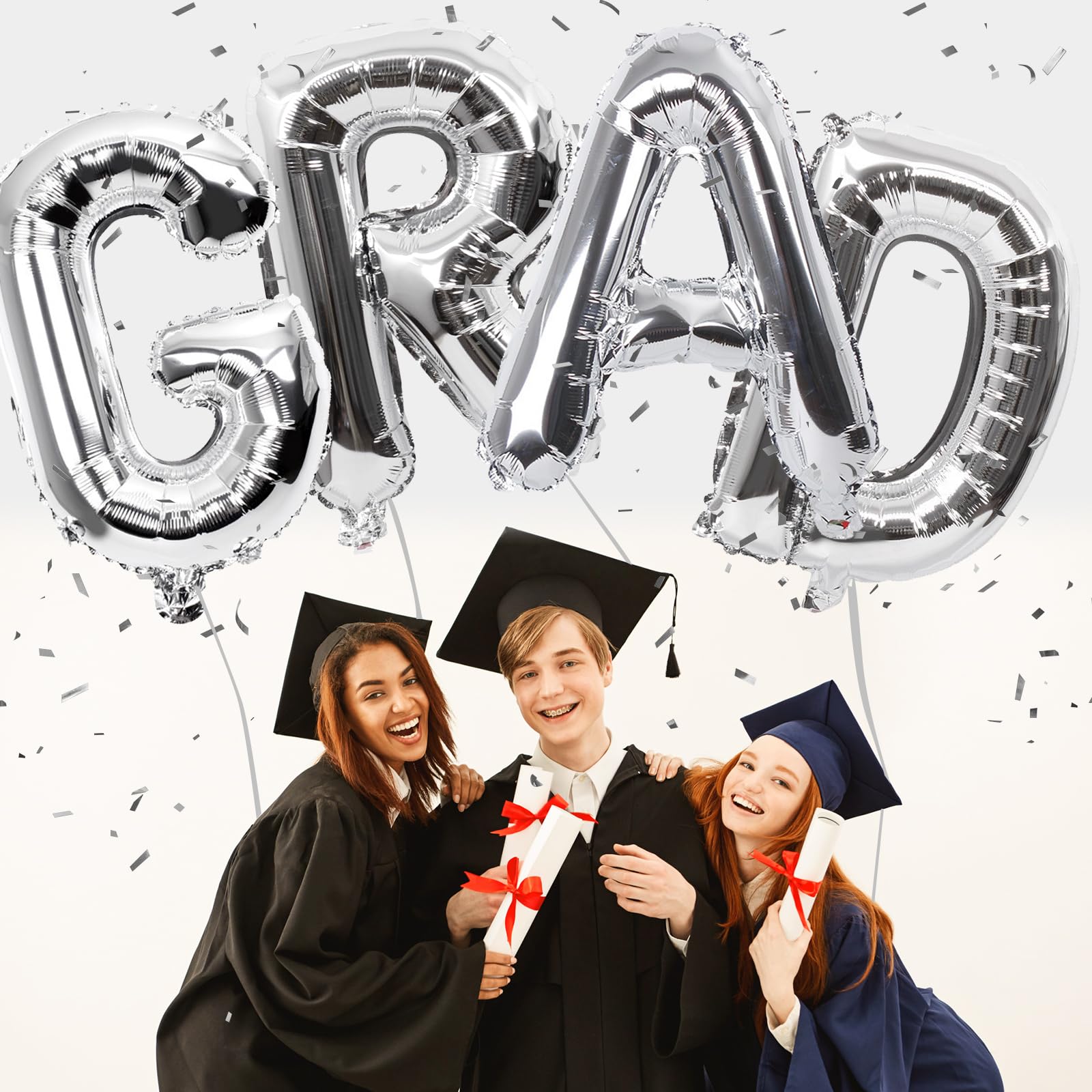 Biapian 40 Inch GRAD Balloons, Silver Letter GRAD Balloon, 4 Pcs Graduation Decorations, Large Silver Grad Balloon Banner, GRAD Party Balloons Foil for Class of 2024 Graduation Party Decorations