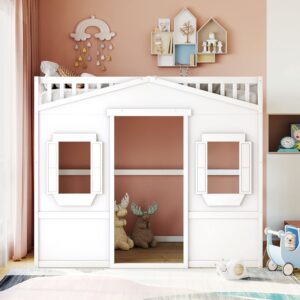 Harper & Bright Designs House Loft Bed Full Size Kids Playhouse Bed, Solid Wood Loft Bed Frame with Window and Ladder, for Girls Boys (Full Size, White)