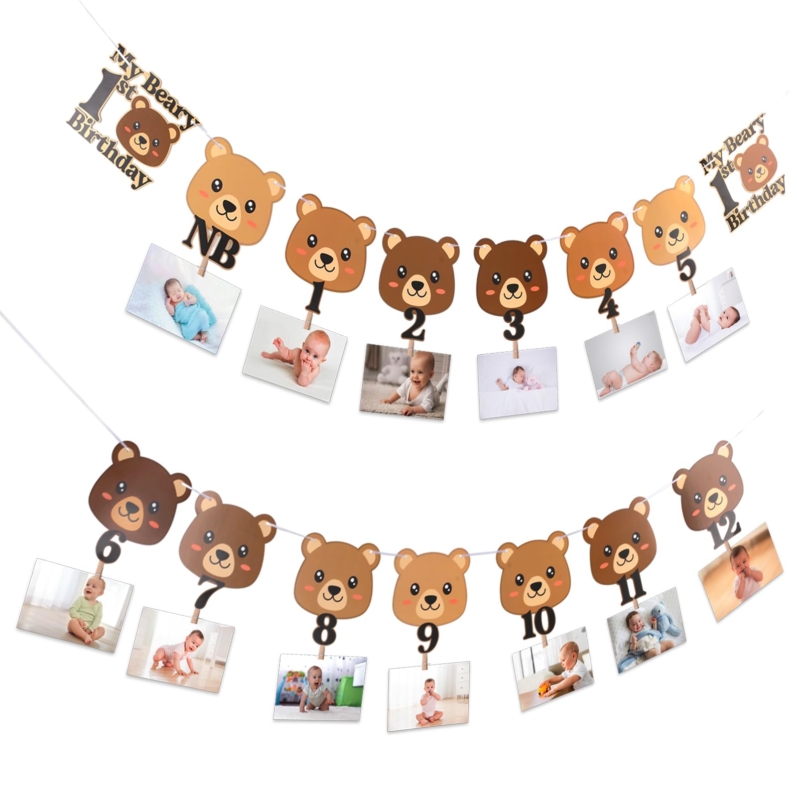 Beary First Birthday Party Banner Cute Bear Monthly Photo Banner for Newborn to 12 Months Photograph 1st Birthday Milestone Photo Banner Bear Photo Display Garland for Boys Girls First Birthday Party