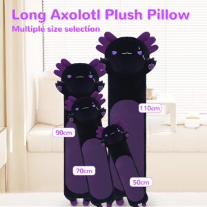 Yeqivo Long Axolotl Stuffed Animals, Soft Long Axolotl Plush Pillow Cute Axolotl Plush Body Pillow Gifts for Kids Girlfriend(Black&Purple,110cm)