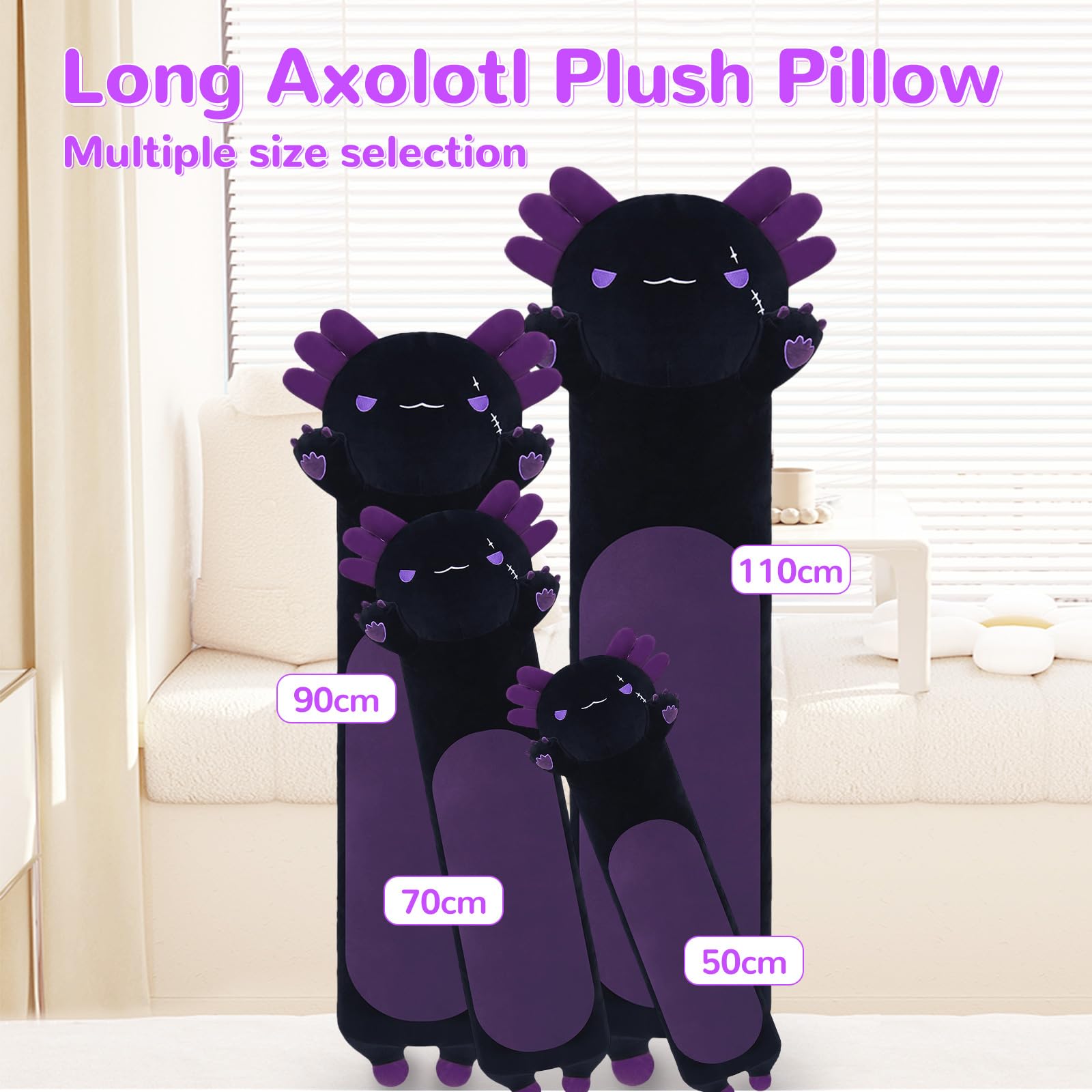 Yeqivo Long Axolotl Stuffed Animals, Soft Long Axolotl Plush Pillow Cute Axolotl Plush Body Pillow Gifts for Kids Girlfriend(Black&Purple,110cm)