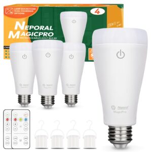 neporal magixpro rechargeable light bulbs with remote, last 5-52 hours, usb + socket rechargeable,1800mah battery light bulb, 3 colors shift + stepless dimmable (magicpro, 4, count)