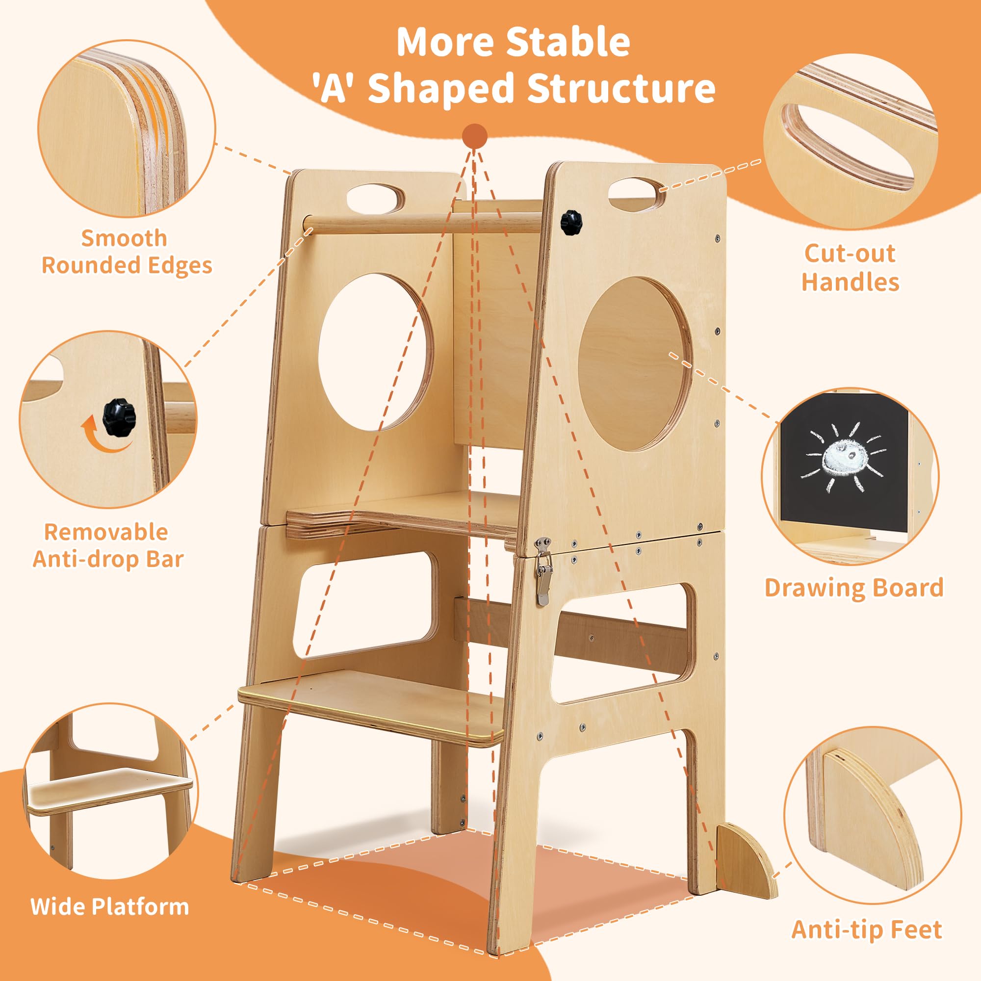 SHWWQUE Toddler Tower Step Stool for Kids Kitchen Stool Helper Toddler Standing Tower Foldable Toddler Table Kids Table and Chair Set 4 in 1 Montessori Helper Tower Natural