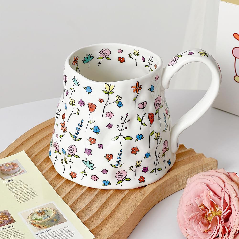 Large Ceramic Coffee Mug Cute Flower with Handmade Big Handle, 21.1oz/600ml Girly Pink Floral Tea Cup for Women Gift, Novelty Irregular Oversized Mugs for Latte Tea Milk Cocoa