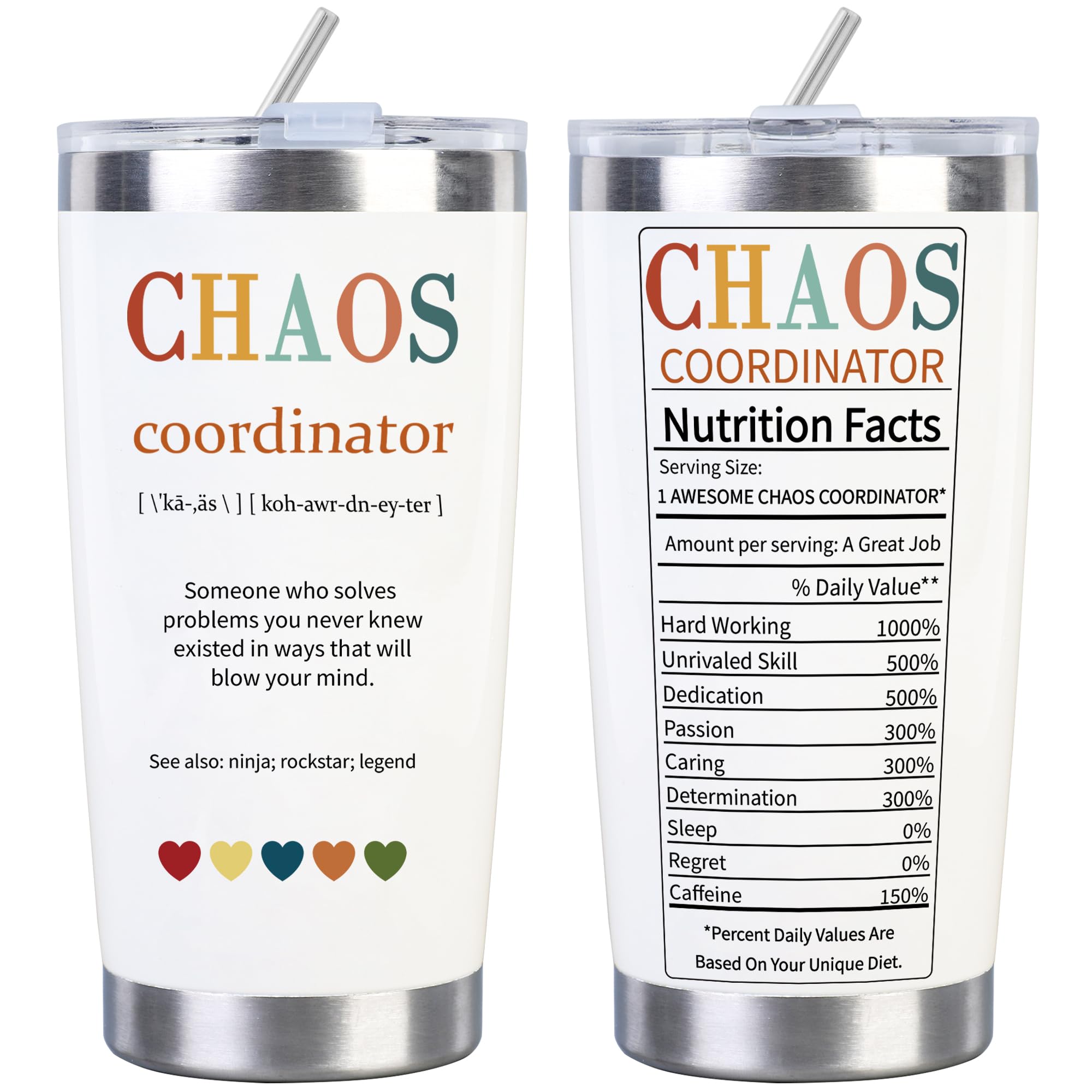 Chaos Coordinator Gifts for Women Thank You Gifts for Women Appreciation Gifts 20 Oz Stainless Steel Tumbler with Lid Straw Brush Unique Gift Idea for Women Lady Teacher Coworker Boss Office Gifts