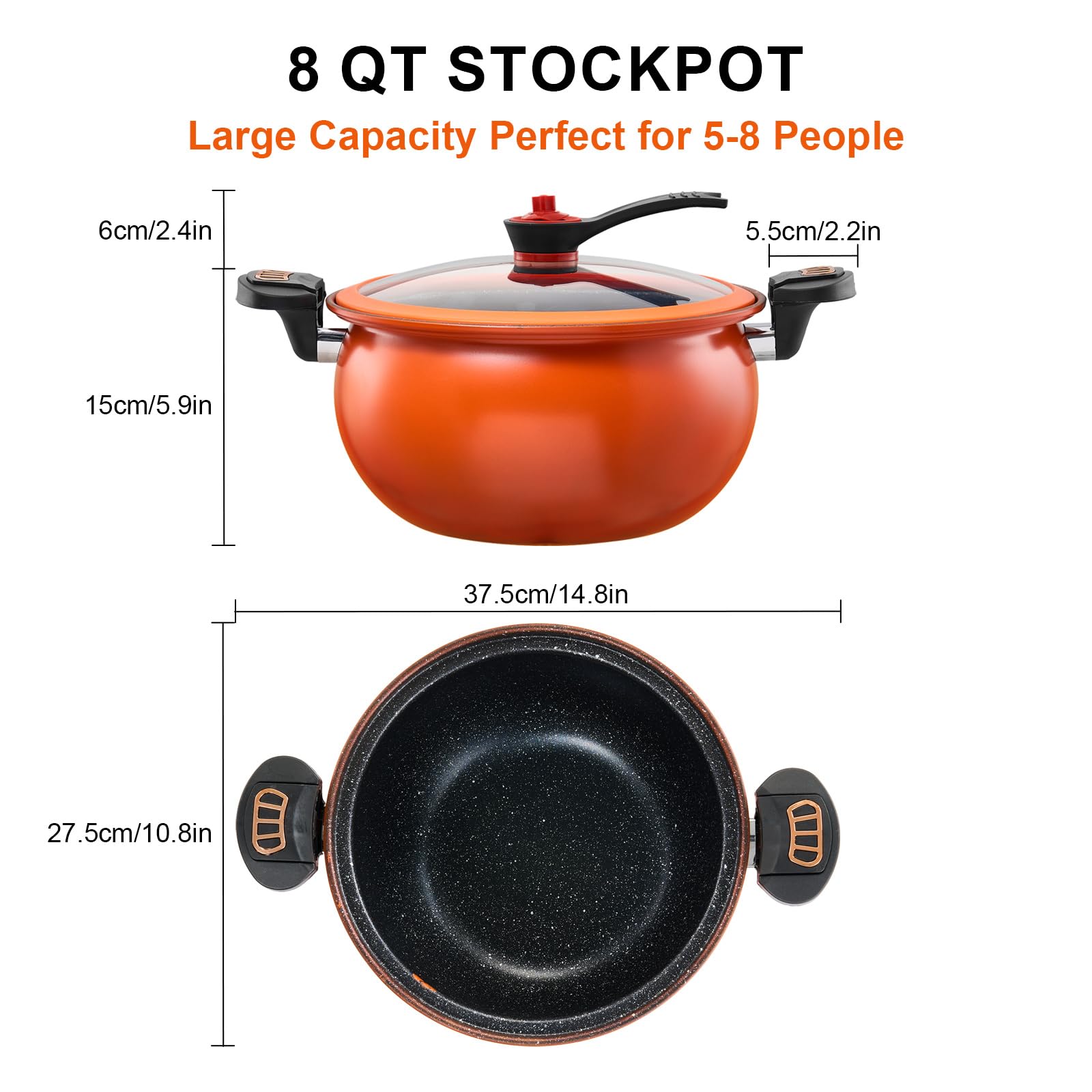 FNT 8 Qt Orange Stock Pot with See-through Lid Standing, Crock Pot with Twist & Lock Handles, Micro Pressure Cooker 8 qt, Healthy Coating Cooking Pot for Gas, Induction, Electric Stoves