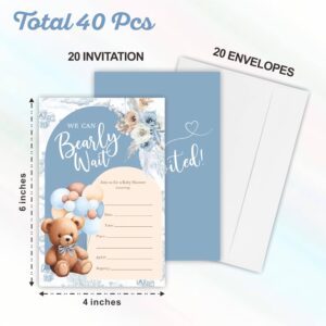 We Can Bearly Wait Baby Shower Invitation, 20 Blue Boho Floral & Bear Balloon Fill-In Invites With Envelopes, For Boys And Girls Baby Announcement, Gender Reveal Party Supplies & Decorations - B03