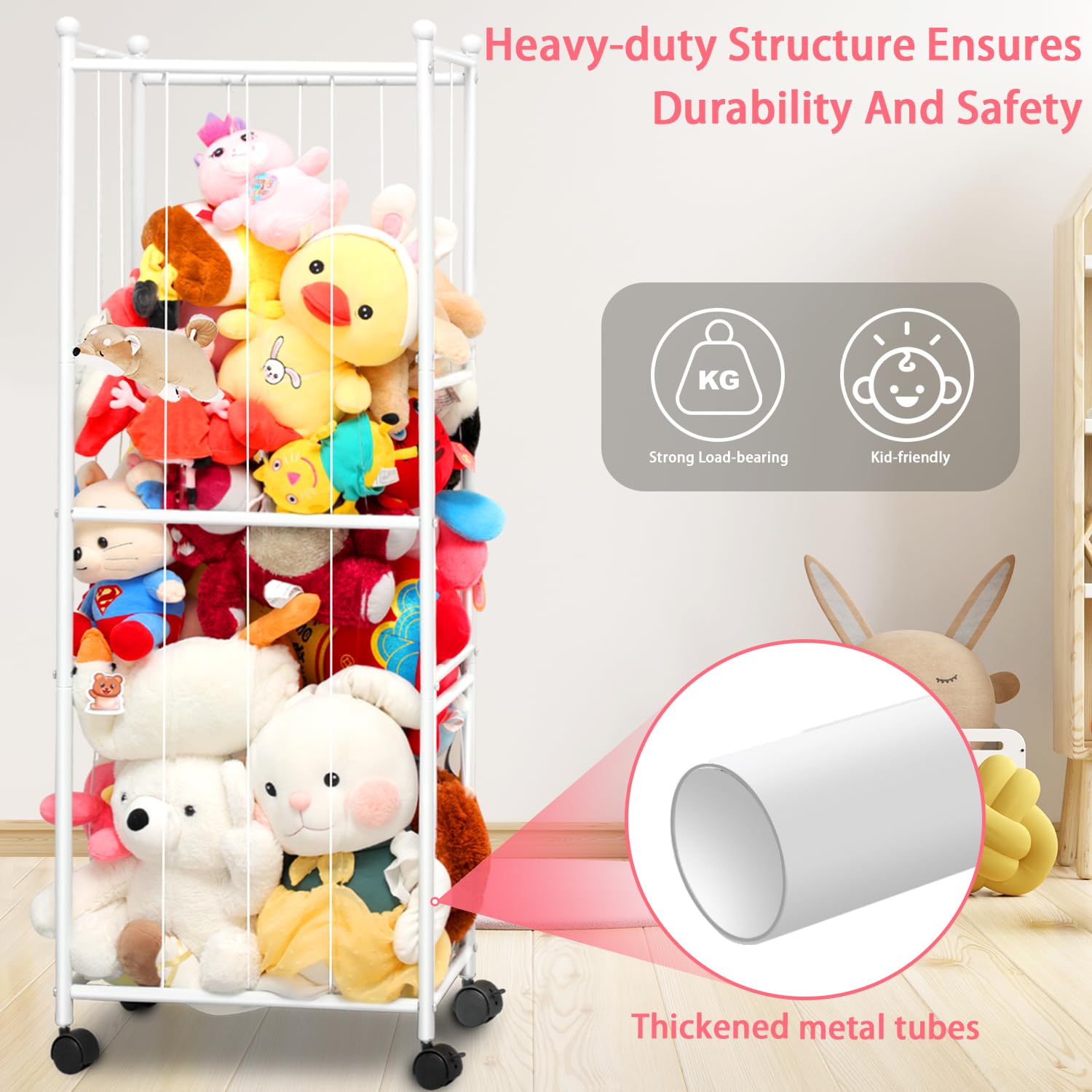 【Metal Tubes】Stuffed Animal Storage, Plush Toy Storage Organizer Shlf, Extra Large Stuffed Animal Holder With 360° Brake Wheels, Stuffed Animal Zoo Storage For Nursery Playroom Kids Room, White