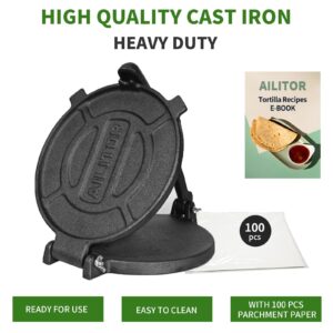 AILITOR Cast Iron Tortilla Press 8 Inch - Taco Press and Tortilla Maker Press, Heavy Duty Tortilla Press Cast Iron, Prensa para Tortillas, Tortilladora, Pataconera Press with 100 Pcs Parchment Paper