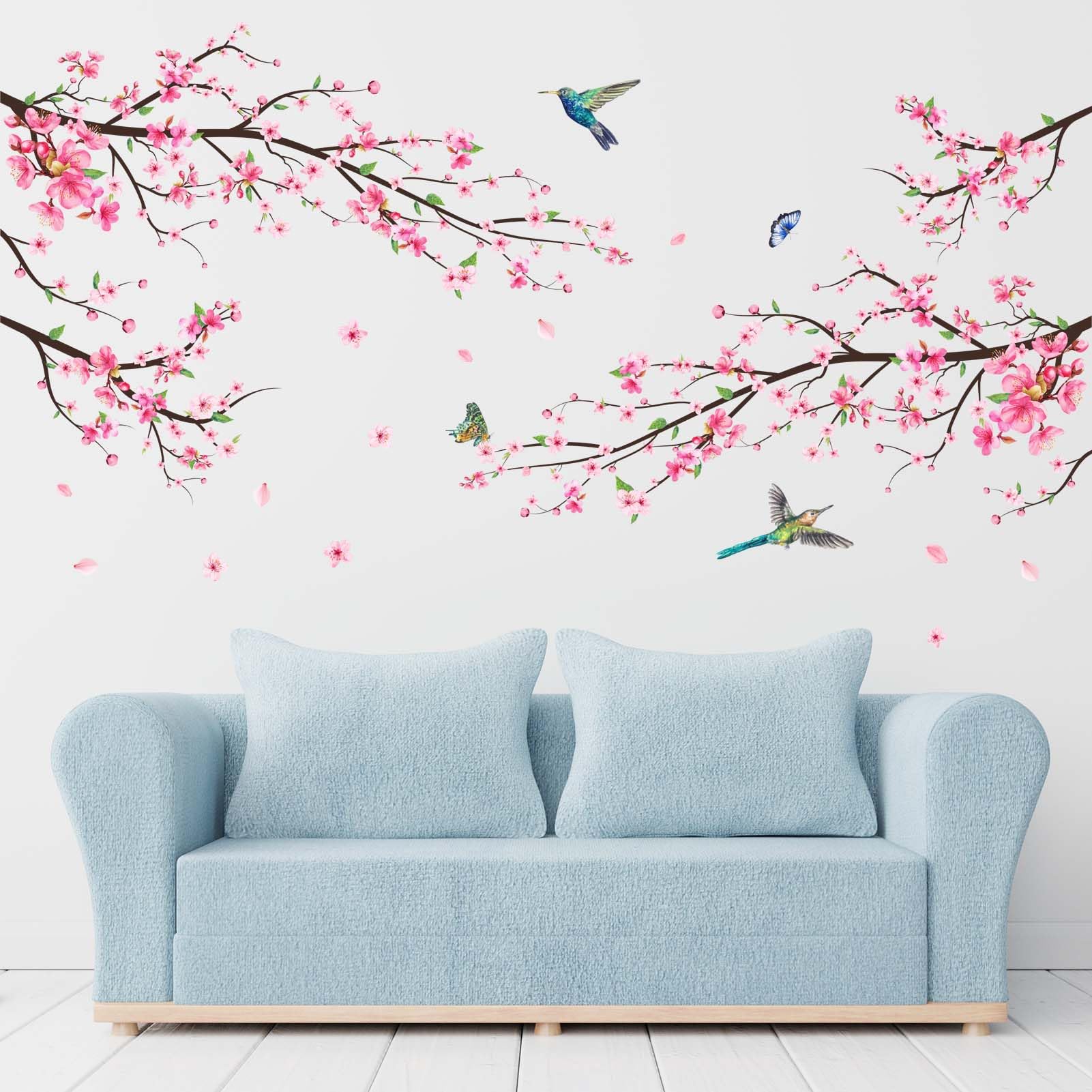 Amimagen Pink Watercolor Cherry Blossom Wall Stickers - Tree Branch Flower Birds Wall Decals - Bedroom Living Room Sofa TV Background Home Wall Decor