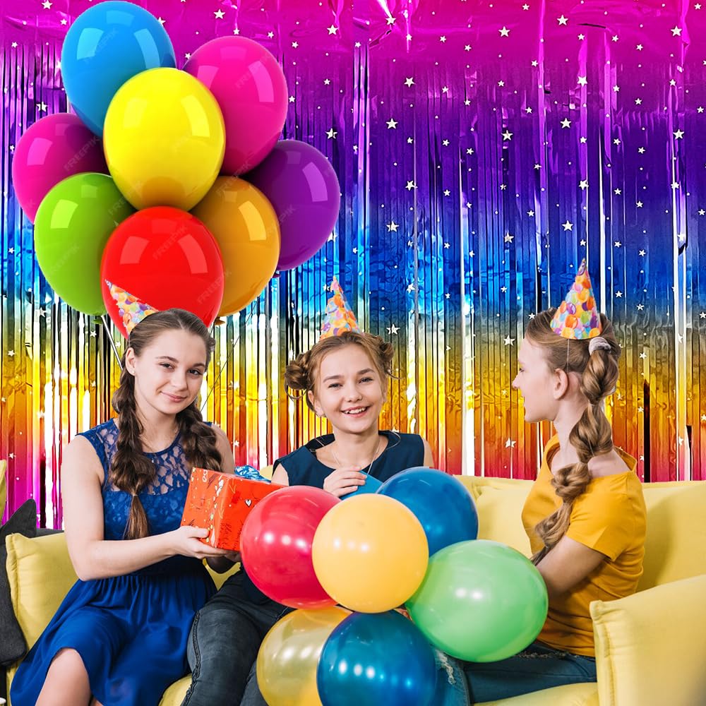 Sparkling Neon Rainbow Foil Fringe Curtain Backdrop Metallic Streamers Photo Booth Props for Birthday Bachelorette Gay Pride Day Graduation Wedding 80s 90s Disco Party Decorations- 2 Packs (3.3x6.6Ft)