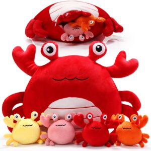 doublefill 5 pcs crab plush toys set 14 inch large crab stuffed animal plush pillow with 4 baby crab plushies birthday gifts for girls boys under the sea ocean party favor decorations