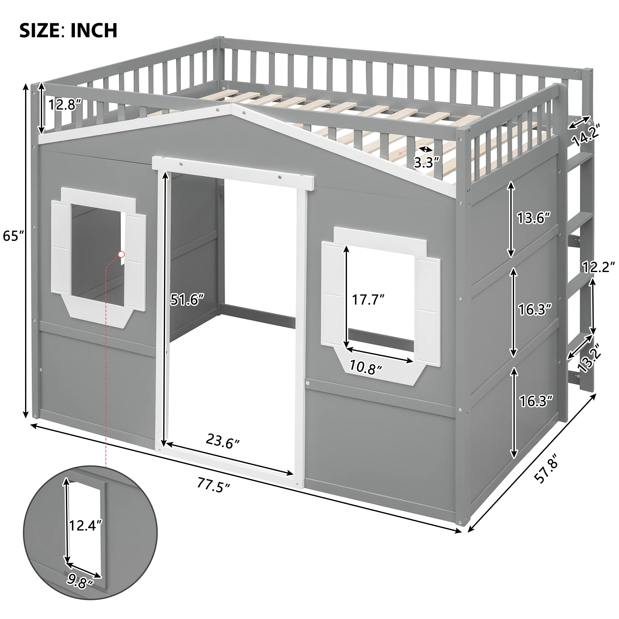 Harper & Bright Designs House Loft Bed Full Size Kids Playhouse Bed, Solid Wood Loft Bed Frame with Window and Ladder, for Girls Boys (Full Size, Gray+White)