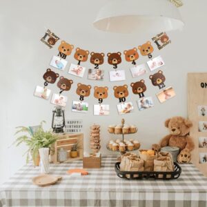 Beary First Birthday Party Banner Cute Bear Monthly Photo Banner for Newborn to 12 Months Photograph 1st Birthday Milestone Photo Banner Bear Photo Display Garland for Boys Girls First Birthday Party