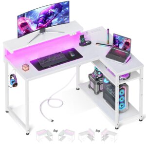 motpk white l shaped gaming desk with power outlet, reversible computer desk with height adjustable monitor stand, coner desk 43inch with led lights, home office desk