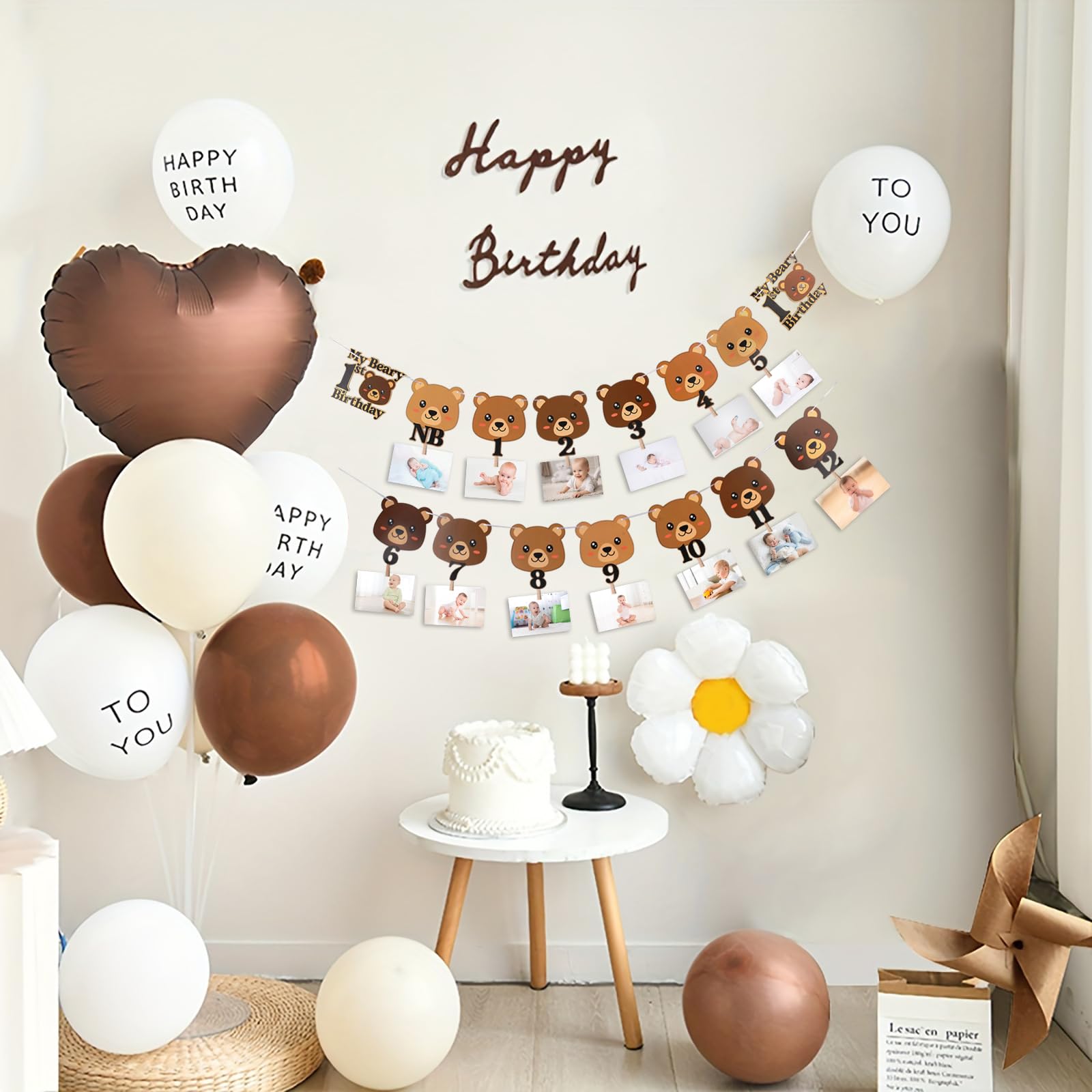 Beary First Birthday Party Banner Cute Bear Monthly Photo Banner for Newborn to 12 Months Photograph 1st Birthday Milestone Photo Banner Bear Photo Display Garland for Boys Girls First Birthday Party