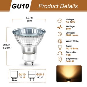 GU10 Halogen 50W Bulbs, 120V Halogen Light Bulb, GU10 Base Replacement for Candle Warmer Lamp Bulb, Warm White GU10+C Dimmable Glass Cover for Spot Track Lighting, Range Hood Lights, 3 Pack