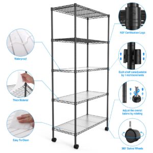 pouseayar 5 Tier NSF Metal Shelf Wire Shelving Unit, 60" H x 30" L x 14" D - 750lbs Capacity Heavy Duty Adjustable Storage Rack with Wheels & Shelf Liners - Black Set of 2