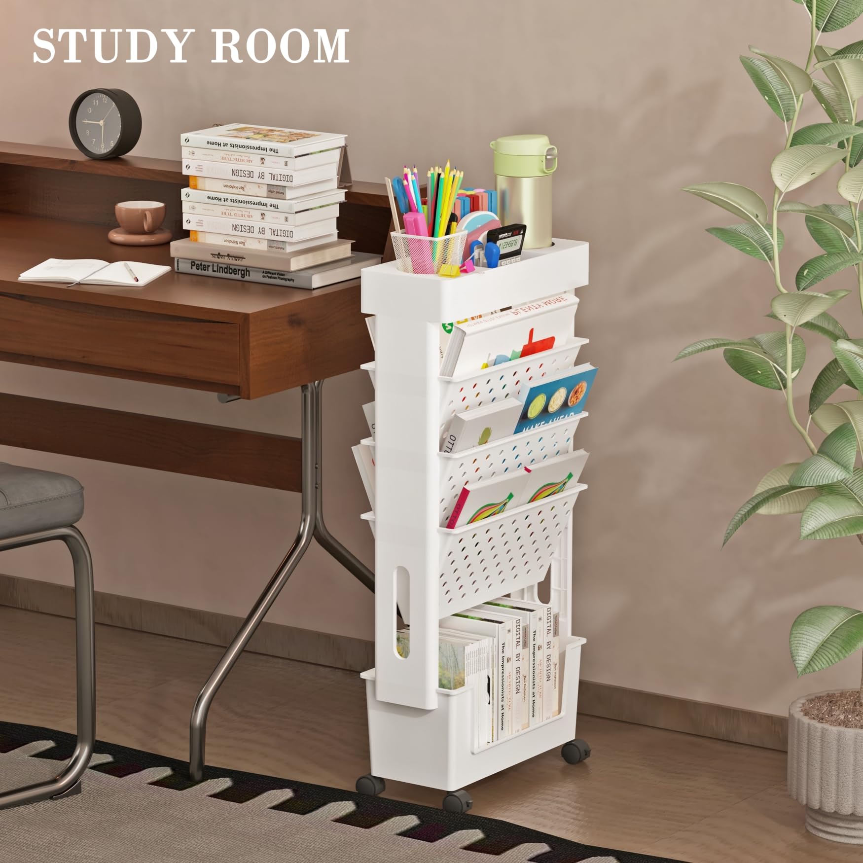 POBOMULI 5-Tier Bookshelf, Book Storage Organization with Wheels Mobile Rolling Bookshelves Cart for Home Office Kids’ Study Room School, White