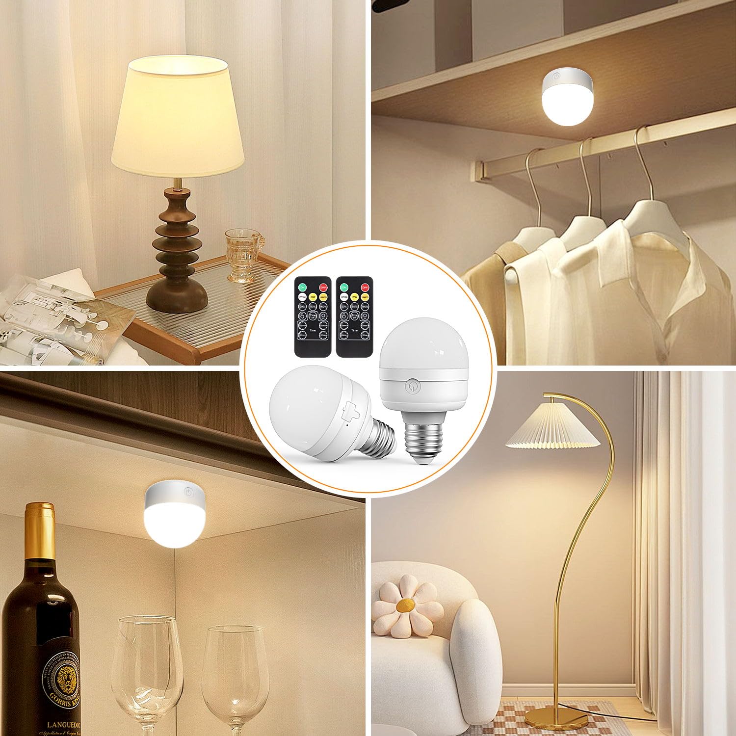 LGMCF Rechargeable Light Bulbs with Remote Control Timer and 3 Color Temperature Options,Rechargeable Wall Sconce Puck Lights Battery Operated with Remote (E26, 2)