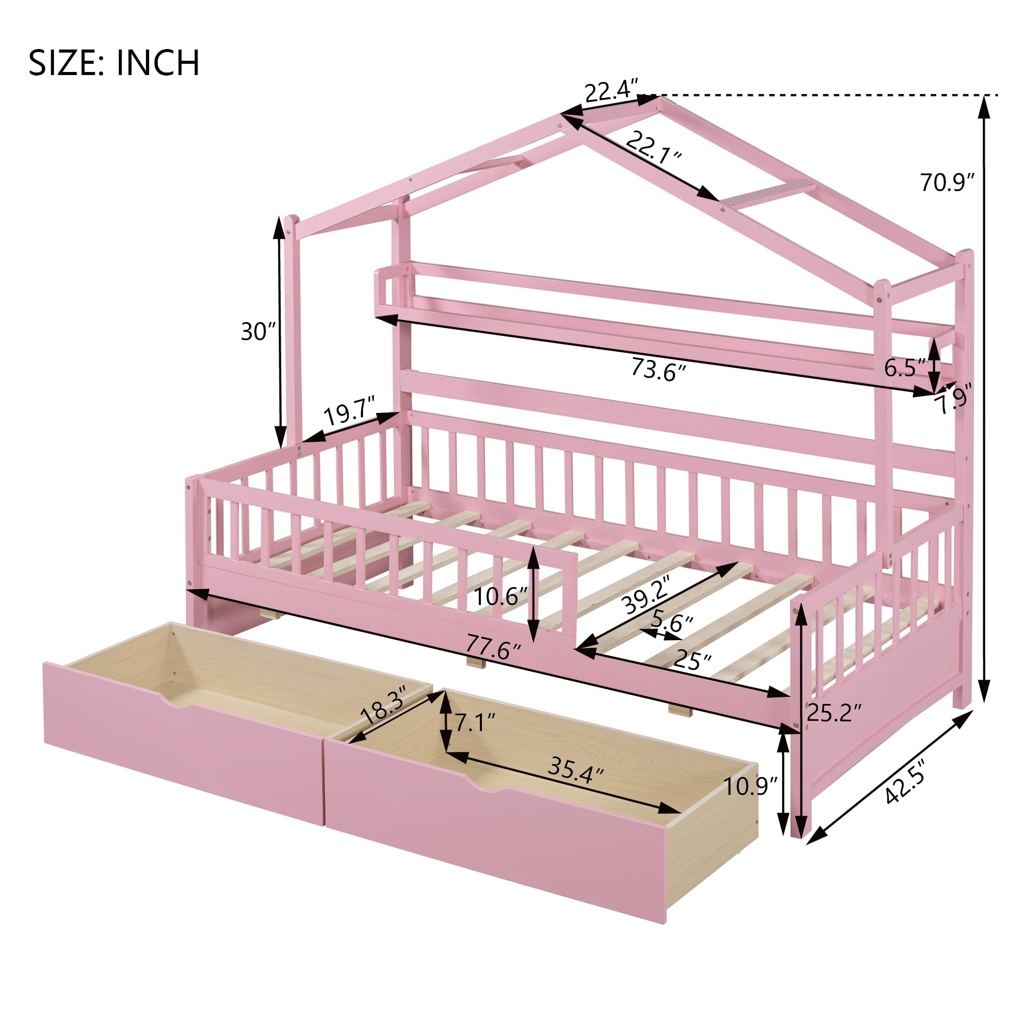 Merax Twin Bed Frames with 2 Drawers Storage Shelf Guardrail, Wooden House Shaped Platform Bed for Kids, No Box Spring Needed