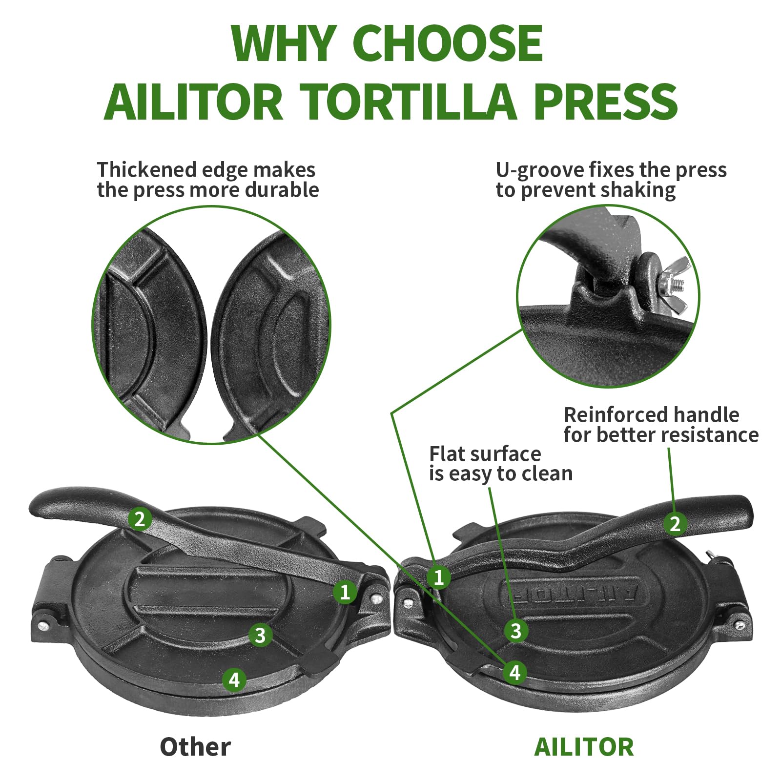 AILITOR Cast Iron Tortilla Press 8 Inch - Taco Press and Tortilla Maker Press, Heavy Duty Tortilla Press Cast Iron, Prensa para Tortillas, Tortilladora, Pataconera Press with 100 Pcs Parchment Paper